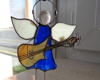 Angel with guitar Stained glass angel Statue Guitar art Glass art Handmade Note Bass guitar Angel statue Glass statue Music art