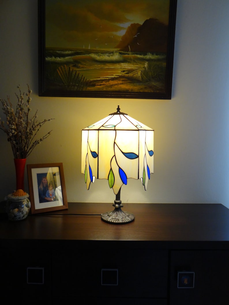 Twig lamp Stained glass lamp Bedside lamp Table lamp Desk lamp Twig and leaves Branches Handmade Custom 6 Panel lamp image 1