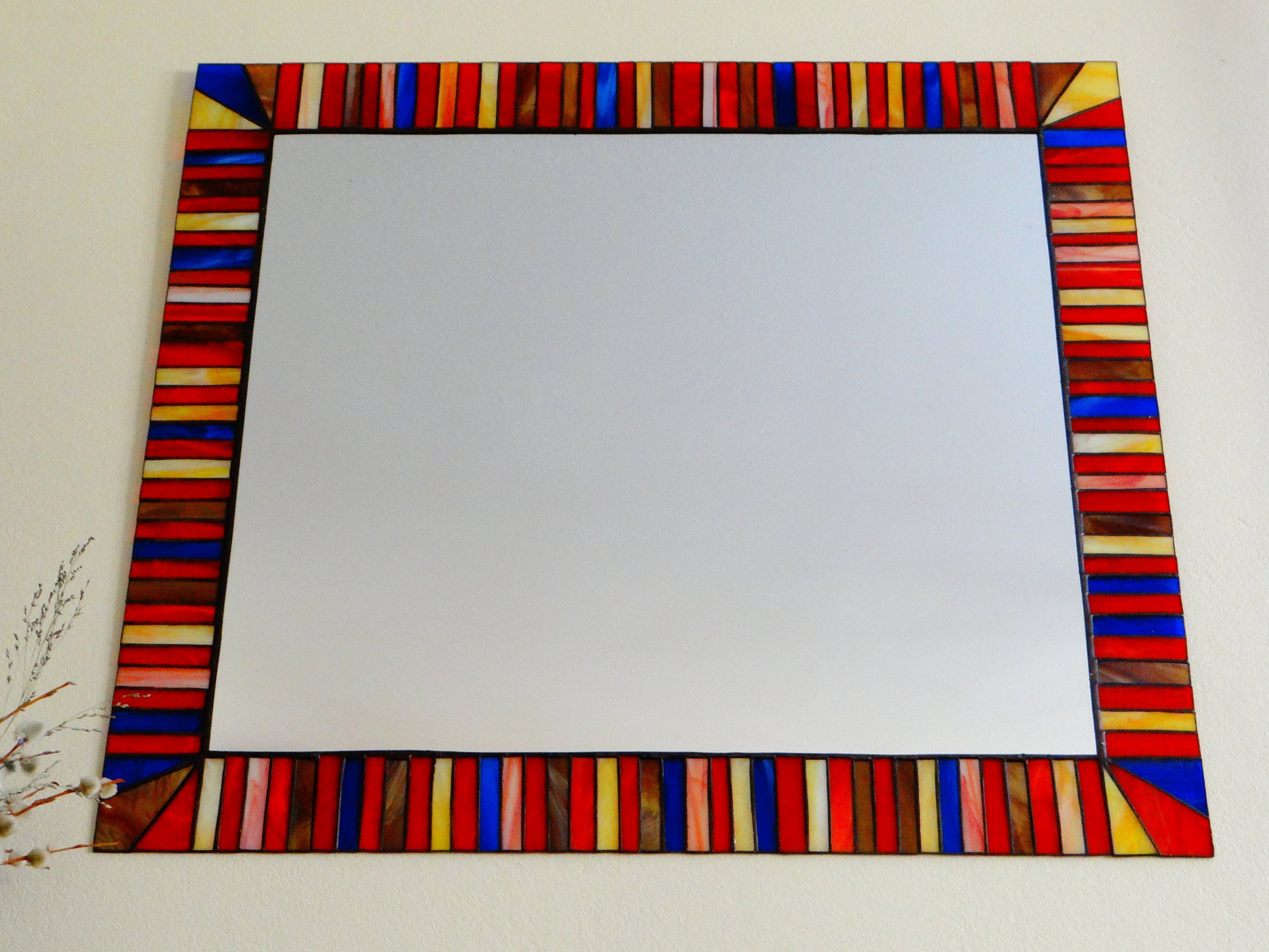 赤いモザイク壁掛けミラー、ステンドグラスパネルアート（25.20x21.25