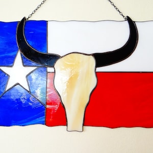 Texas Stained glass panel Cow longhorn symbol Texas flag wall hanging Star Wall decor Glass art Handmade