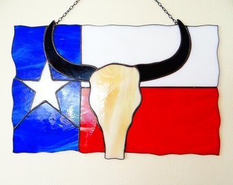 Texas Stained glass panel Cow longhorn symbol Texas flag wall hanging Star Wall decor Glass art Handmade