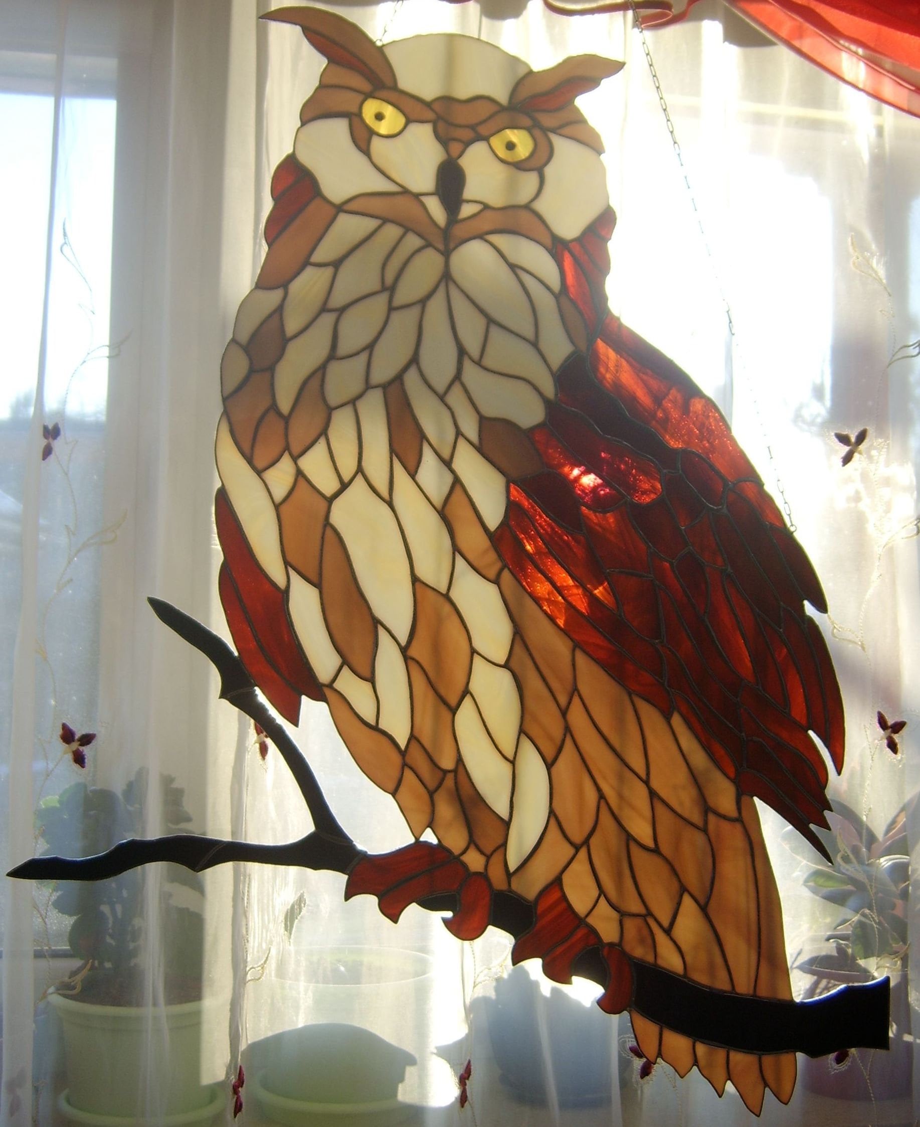 Large owl Stained glass suncatcher Wall hanging Window panel Etsy