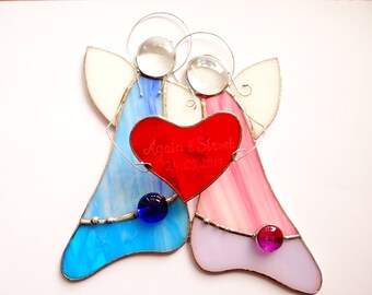 Pair of angels Stained glass suncatcher Newlyweds gift Mother's day gift Engagement couple Heart Valentine's Day Angels suncatcher