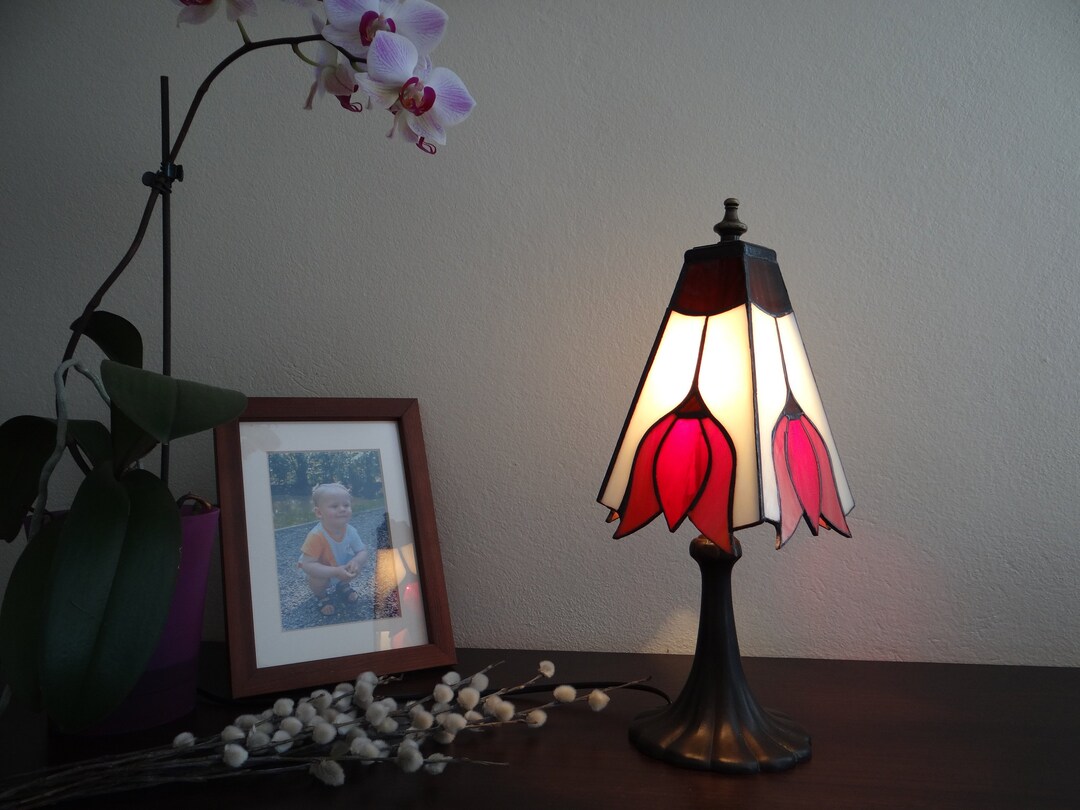 Tulip Lamp Stained Glass Lamp Red Floor 4 Panels Lamp Little Bedside