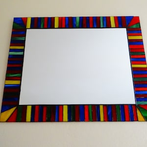 Red and blue wall mirror Mosaic wall art Bathroom mirror Stained glass panel Reddish glass art Mosaic art Large mirror Rectangular Glass art