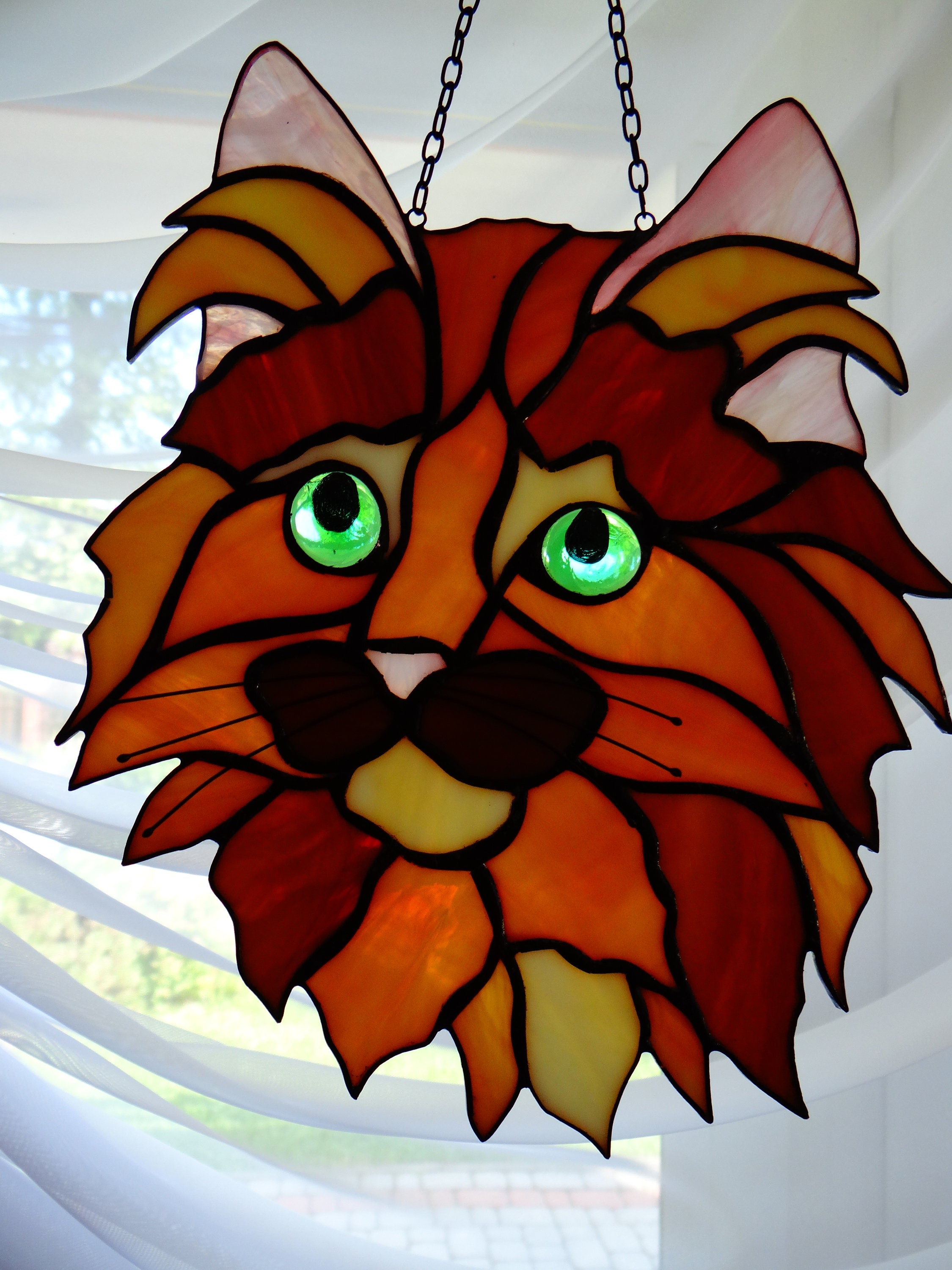 Cat Head Stained Glass Suncatcher Shaggy Cat Lover Gift Wall | Etsy