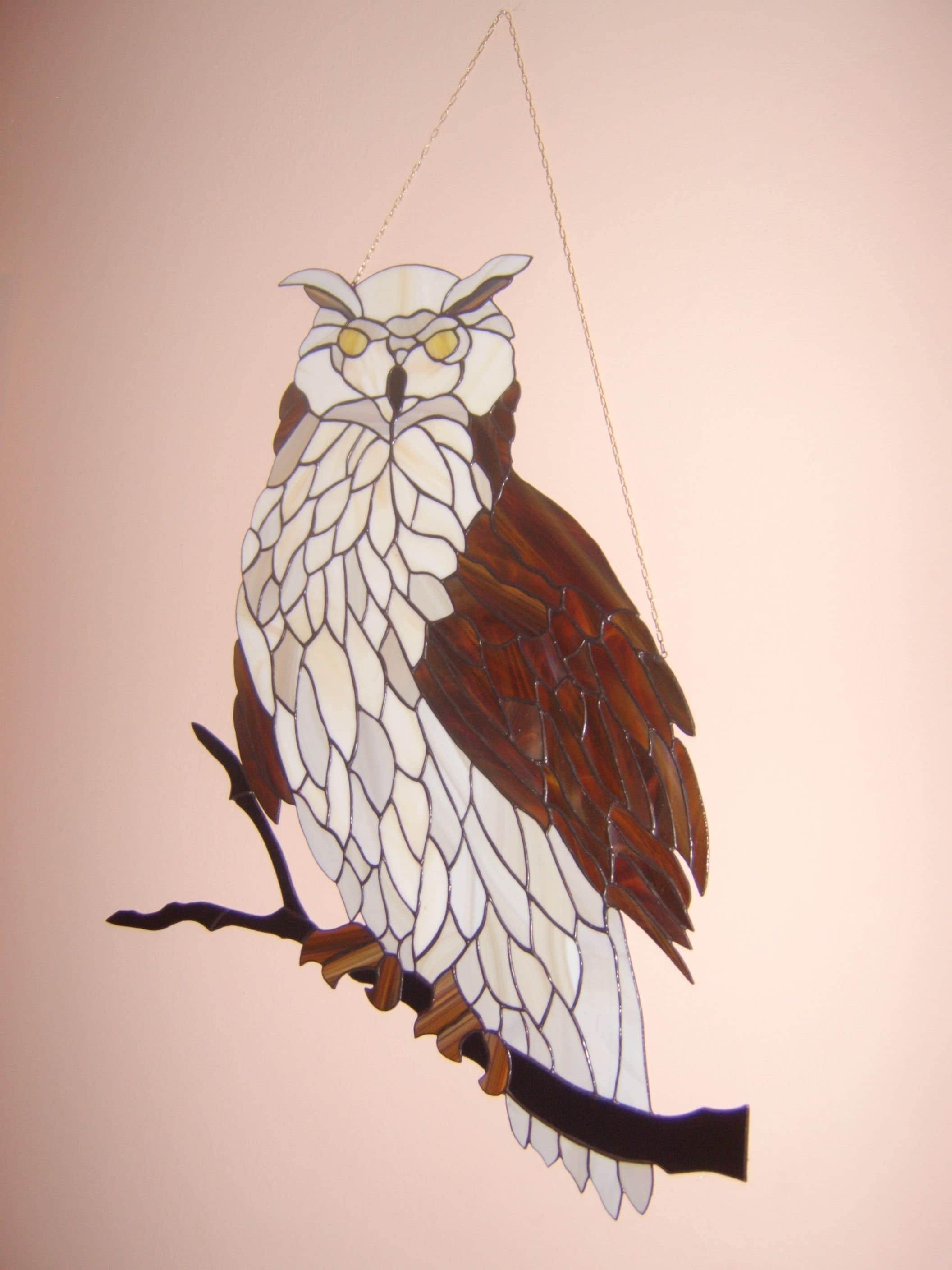 Large Owl Stained Glass Suncatcher Wall Hanging Window Panel Etsy Canada