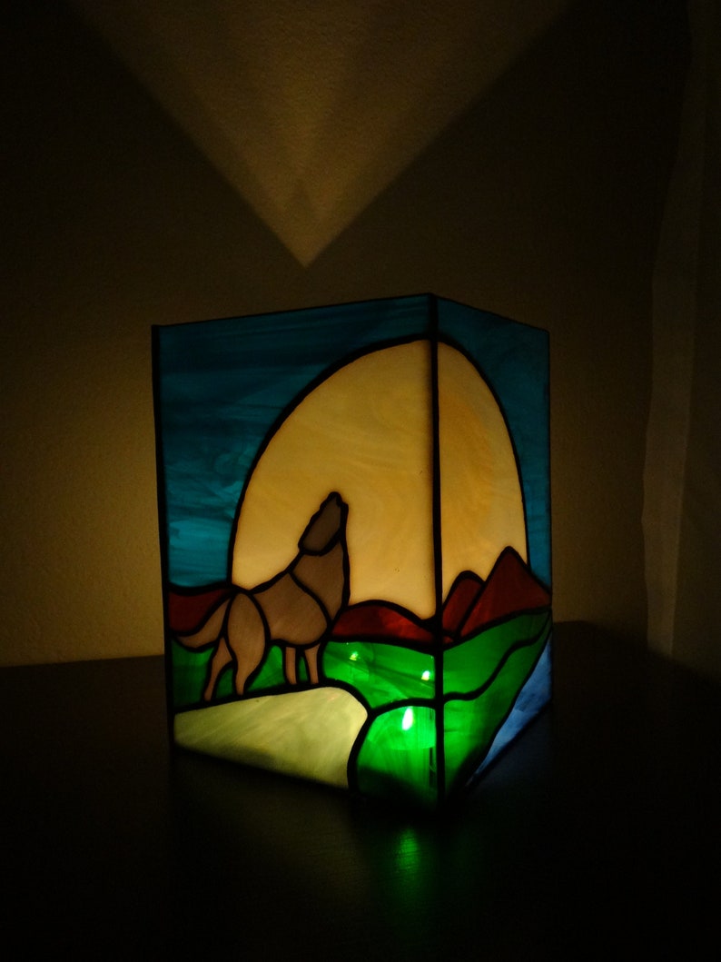 Wolf Stained Glass Art Wolf Candle Holder Howling Wolf Etsy
