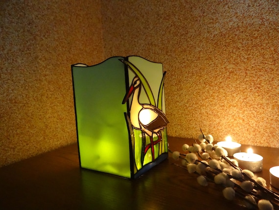 Stork Stained Glass Bird Candle Holder Light Box Lantern Handmade