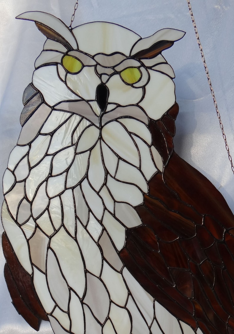 Large Owl Stained Glass Suncatcher Wall Hanging Window Panel Etsy Canada