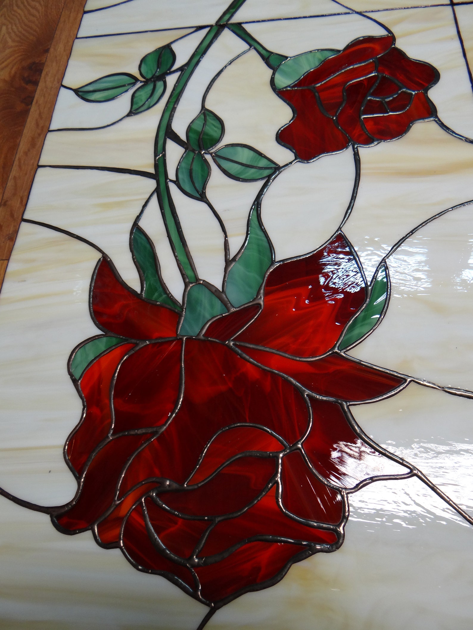 Doble Roses Stained Glass Panel Handmade Glass Art Wall Etsy