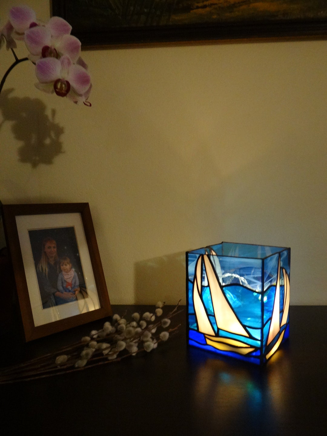 Sailboat Stained Glass Boat Candle Holder Light Box Lantern Handmade