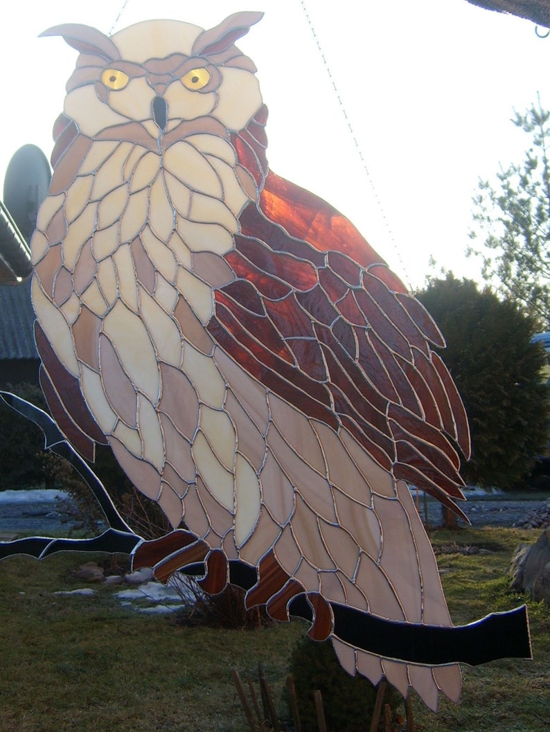Large Owl Stained Glass Suncatcher Wall Hanging Window Panel Etsy Canada