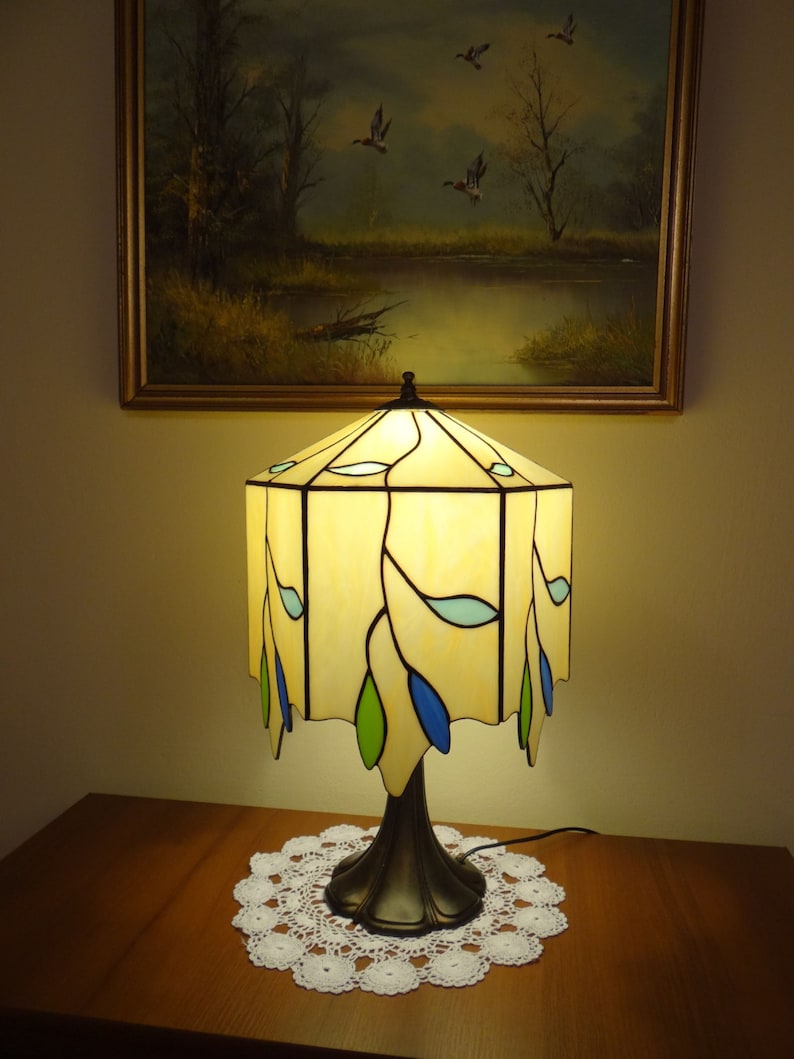Twig lamp Stained glass lamp Bedside lamp Table lamp Desk lamp Twig and leaves Branches Handmade Custom 6 Panel lamp image 3