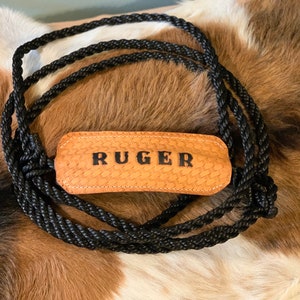May include: A black rope with a brown leather handle that says "RUGER" in black lettering.