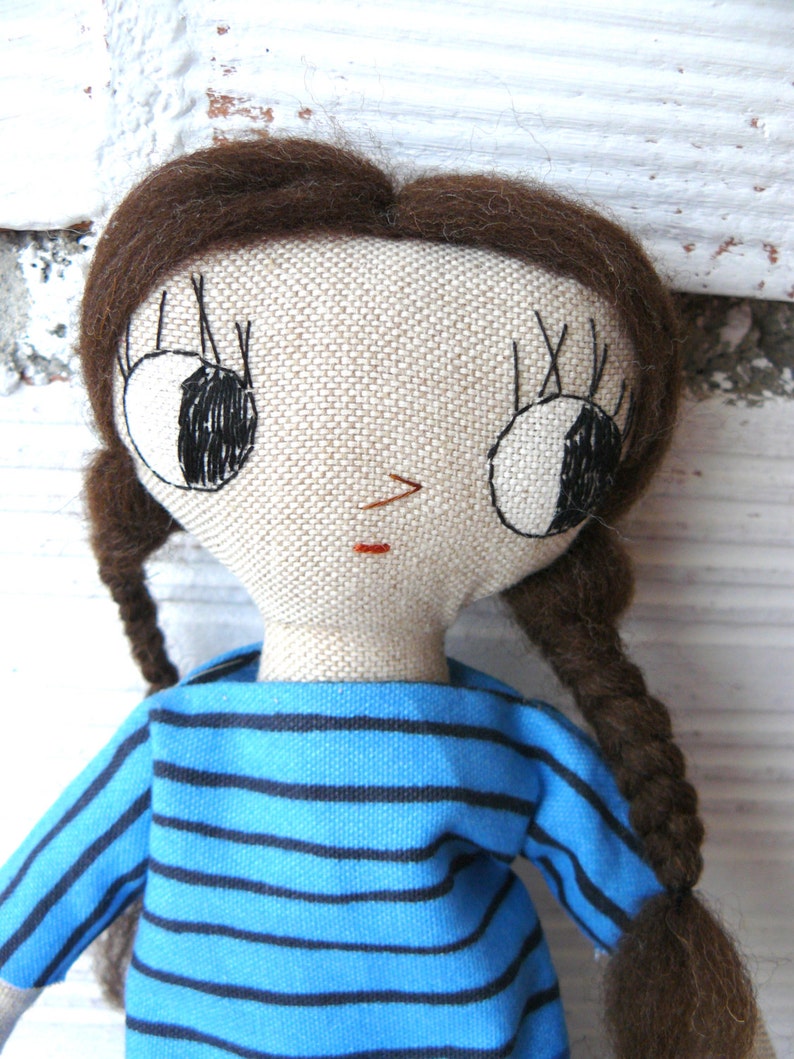 Little rag doll with wool hair 27 cm. Big eyes Etsy