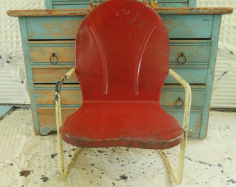 Large ~ Vintage 1940's Child's Toy ~ Red Tin Chair ~ Great For Displaying Old Bears and Dolls ~ 9.75" Tall