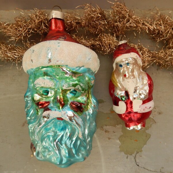 Two Vintage Mercury Glass Santas ~ Large Blue Santa Claus Head / Face ~ (11)