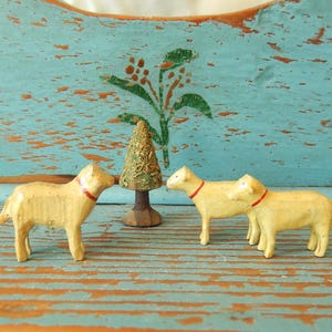 Antique Lot of 4 Putz Wooden Figures ~ 3 Erzgebirge Sheep & 1 Tree ~ Miniature Toys Made In Germany