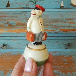 Vintage Anthropomorphic Ape Monkey or Chimp Bell Hop ~ Celluloid Roly Poly Toy ~ Red Hat ~ 2 Pieces of Luggage ~ Made In Germany