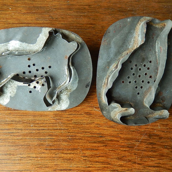 Two Antique Primitive Tin Cookie Cutter ~ Bird  & Dog ~ Flat Back With Handle ~ 4" ~ Americana ~ Star Shape Vent Holes