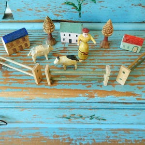 Lot of 11 Antique ~ Erzgebirge Putz Farm or Village ~ German Wooden Miniature Figures ~ 3 Buildings ~ Woman ~ Pigs ~ Trees ~ Fencing