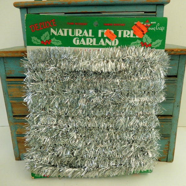 20 Feet or 240" Of Vintage Mid Century Silver Tinsel Garland ~ On Original Card ~ New Old Stock ~ Made IN USA ~ NOS ~