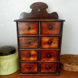 Antique ~ Primitive ~ Victorian ~ Wooden Spice Cabinet ~ 8 Dovetail Drawers ~ Wall Mount or Counter Display ~ Hand Crafted Countertop Chest
