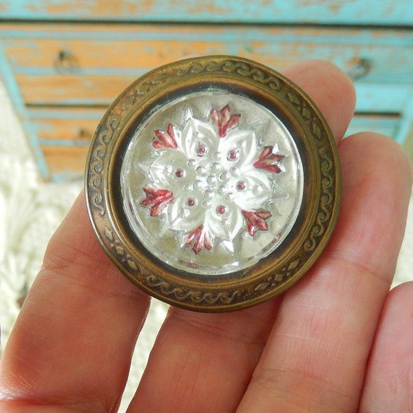 Large Victorian Antique Sulfide Glass Picture Nail Hanger ~Red With Silverey White ~ 1.5" Across