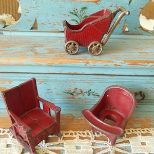 3 Piece Cast Iron Girl Vintage Kilgore Toys ~ Highchair  ~ Red Chippy Paint ~ Potty Chair ~ Stroller ~ Rocking Chair