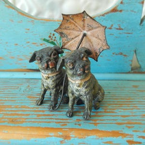 Vintage Vienna Bronze ~ Miniature German Figure ~ Two Pug Dogs Under Red Umbrella ~ Made in Germany ~ Hollow Cast ~ 2.5&quot; Tall