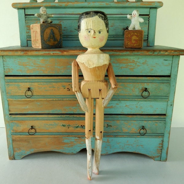 Antique Wooden Jointed Doll ~ Grodnertal Type ~ Vintage Wood Penny Peg Doll ~ German (?) 11.5"