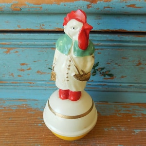 Vintage Anthropomorphic Chicken Dressed In A Coat & Red Boots ~ With A Bugle and Purse ~ Celluloid Roly Poly Toy