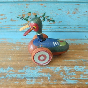 Vintage Wooden Putz Mechanical Toy Duck ~ Opens & Closes Bill or Beak ~ Hand Painted ~ Made In Germany