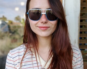 VINTAGE 80s Aviator Zonnebril, Blauw-Wit Frame Zonnebril, Unisex Vierkante ZONNEBRIL, New Old Stock Luxsol Eyewear