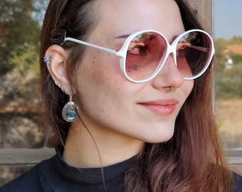 Vintage Oversized White Sunglasses, 70's Woman Round Sunglasses, 1970s Disco Sunglasses, New Old Stock German Eyewear