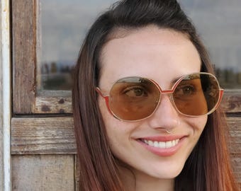 Sunglasses Women, Vintage 80s Red-Gold Women Sunglasses, Large Round Metal Frame Sunglasses, Unique Sunglasses, Never Worn Vintage Eyewear