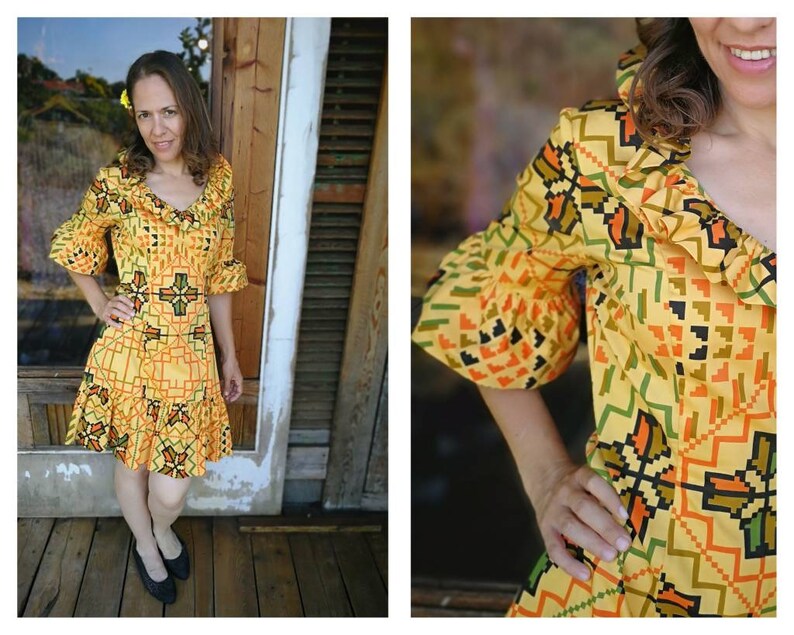 Cotton Ruffle Dress 70s Vintage Yellow Dress Short Sleeve Summer Dress Size S Small Geometric Print Dress