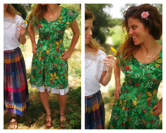 80's Green Forest Dress, Vintage Corset Country Dr