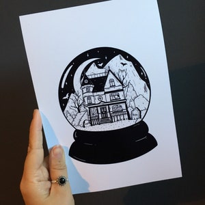 A Spooky Haunted House Snow Globe Print