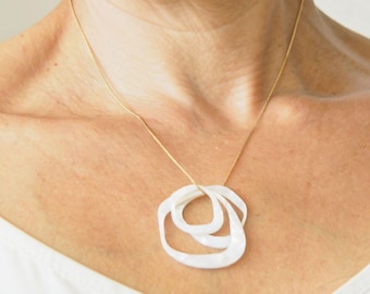 Modern Abstract White Interlocking Circle Necklace, Mother of Pearl Effect Plant Based Resin Pendant, Minimalist Geometric Art Jewelry