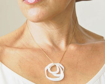 White Mother of Pearl Necklace, Interlocking Organic Circles, Minimalist Resin Pendant, Eco Friendly Statement Jewelry, Summer Gift for Her