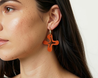 Orange Flower Earrings, Minimalist Terracotta Dangle, Organic Floral Resin Jewelry, Eco Friendly Geometric Flower, Summer Gift for Her