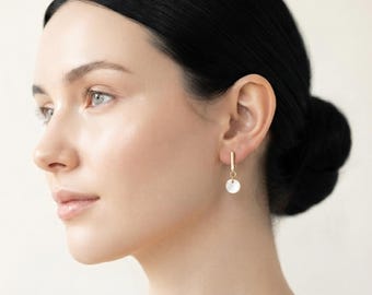 Gold Mother of Pearl Earrings | Small Geometric Dangles | Minimalist Bridal Drop Earrings | Elegant Shell Jewelry