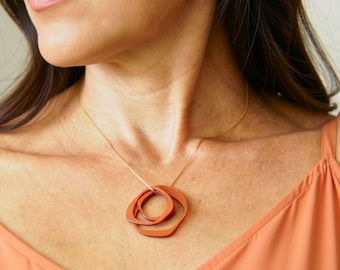 Orange Geometric Necklace, Minimalist Terracotta Pendant, Interlocking Organic Circles, Eco Friendly Resin Jewelry, Summer Gift for Her