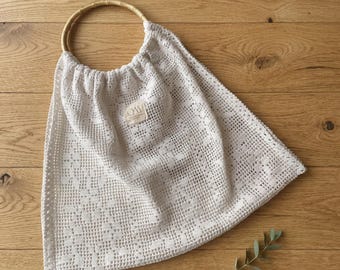 Vintage Crochet Bag, Upcycled Handmade Bamboo Handle Purse, One of a Kind Summer Tote