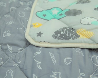 Organic Cotton Play Mat/Quilted Blanket - Dreamy Sky/Love Gray