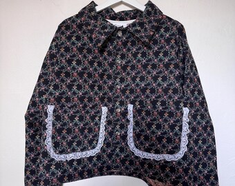 Handmade Chore Coat, Utility Jacket, Upcycled 2 Pocket Workwear Classic Style Sustainable Outerwear Floral Lace  Medium Weight Top Layer