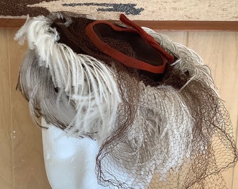 1940s Vintage Chocolate Brown Wool Ostrich Feather Dramatic  display picture 1