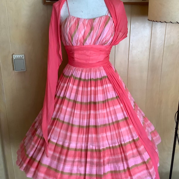 Vintage 50s Pink & Green Striped Airy Cotton Fit n Flare Sun Dress w/ Sash Sz S 26” waist